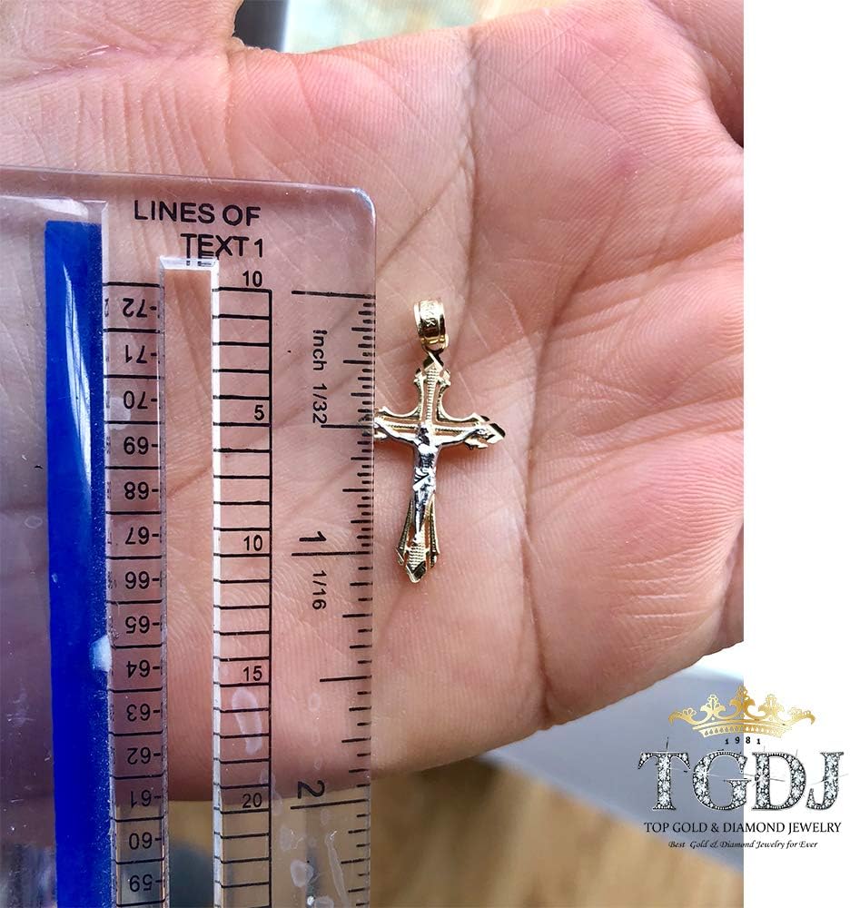 14K Real Gold Two Tone Linear Jesus Cross Pendant 25x16 MM Crucifix Charm Necklace Pendant G9831