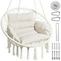 Beige Macrame Hanging Hammock Chair with Cushion M557