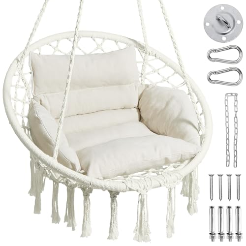 Beige Macrame Hanging Hammock Chair with Cushion M557