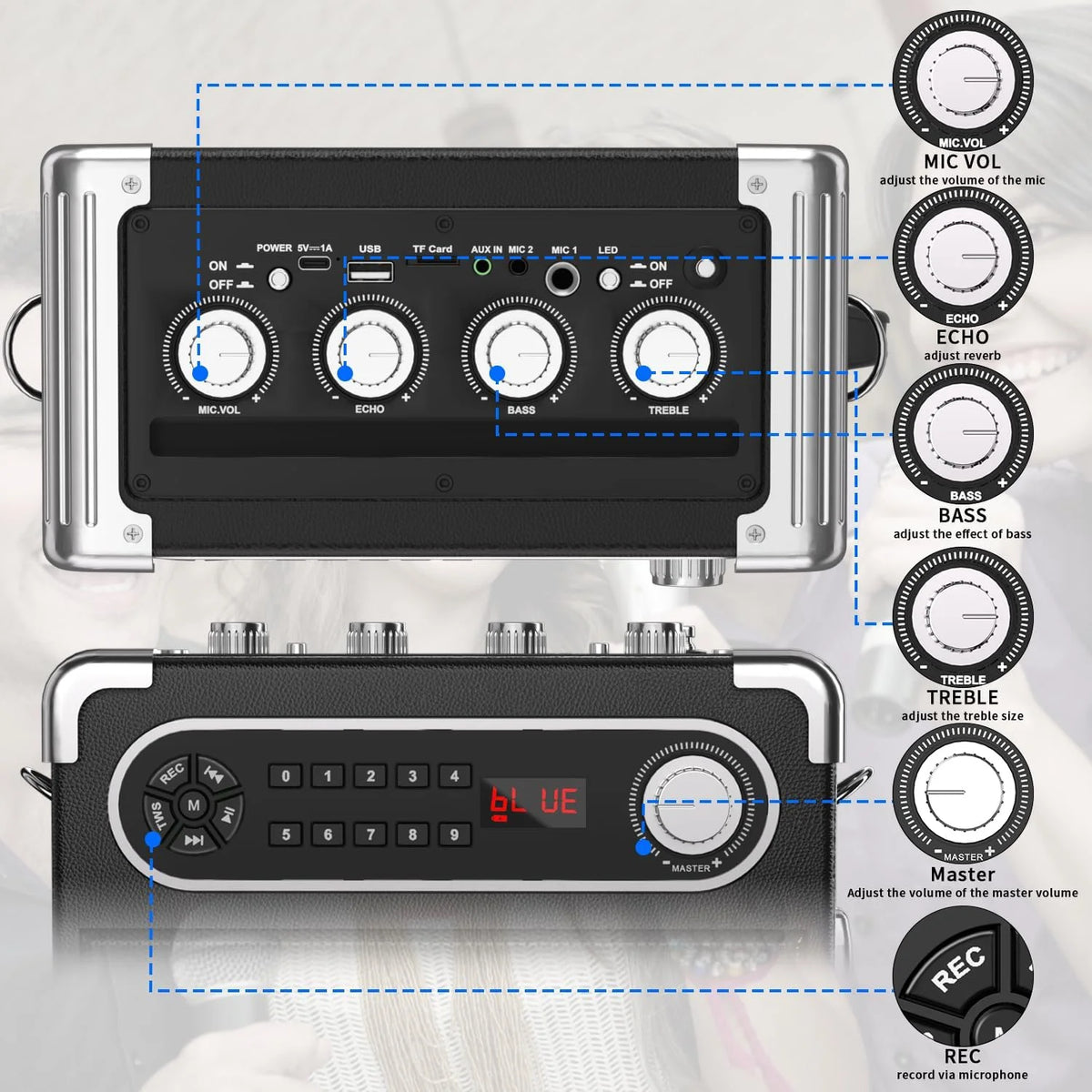 Karaoke Machine with 2 Wireless Microphones, Bluetooth Speaker C1616