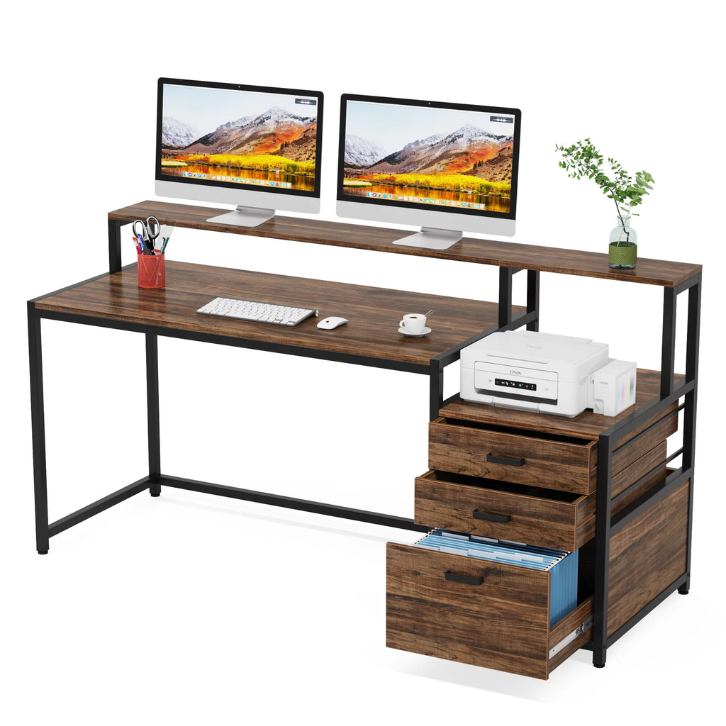 63 Inch Computer Desk with Monitor Stand and Drawers File Cabinet P840790