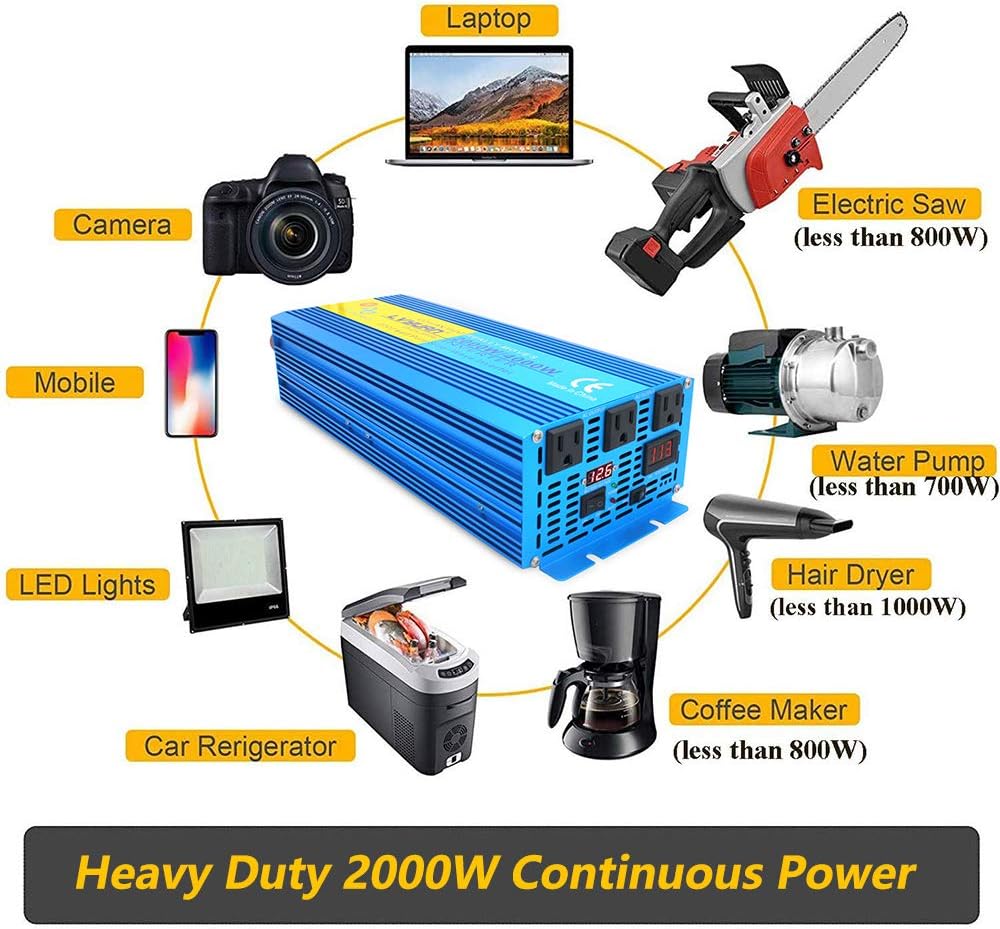 2000W Pure Sine Wave Power Inverter 12V DC to 110V AC with LED Display 3 AC Outlets B32168
