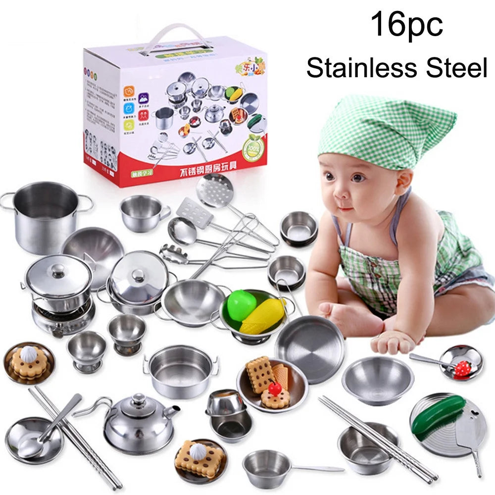 16 Pcs Kids Kitchen Cookware Set Pots Pans Cooking Utensils E258