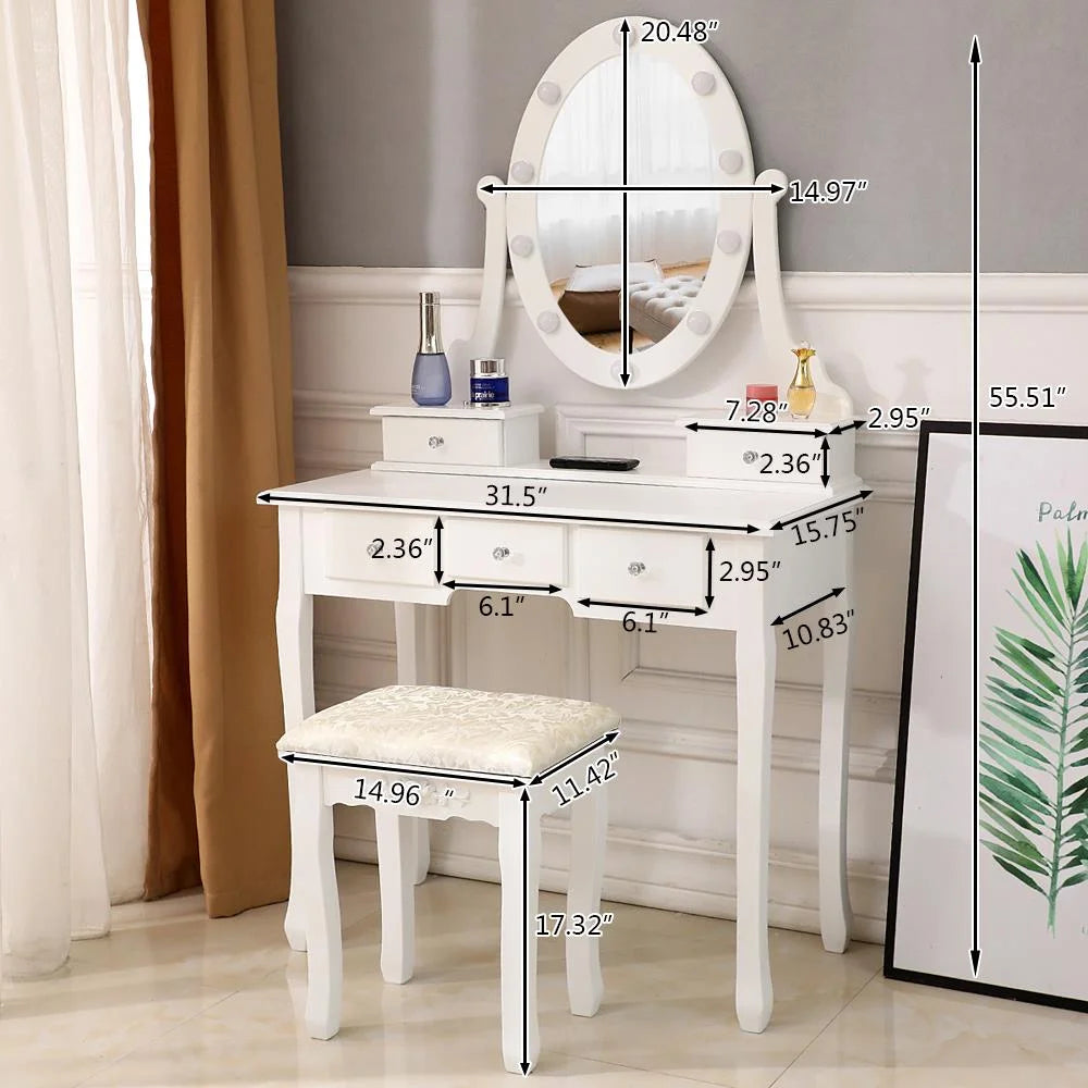 White Vanity Table Set with 5 Drawers and Cushioned Stool Z26186