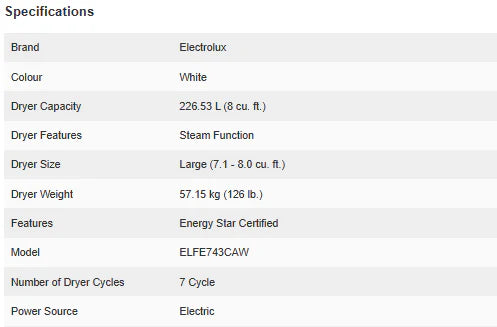 8.0 Cu. Ft. White Front Load Electric Dryer O625839