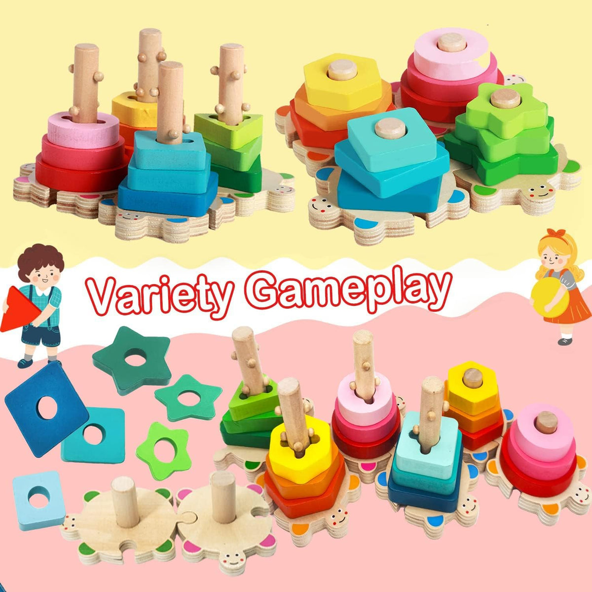 Wooden Shape Sorter and Stacking Toys, 8PCS Toddler Montessori Geometric Block Puzzle P853222