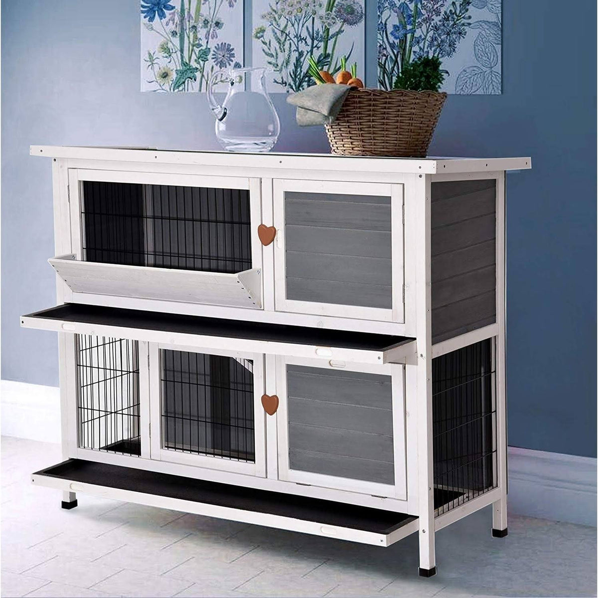 Grey 2 Story Wooden Rabbit Hutch with Ladder T788502