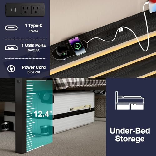 Black Twin Bed Frame with Storage Headboard and Charging Station J34556
