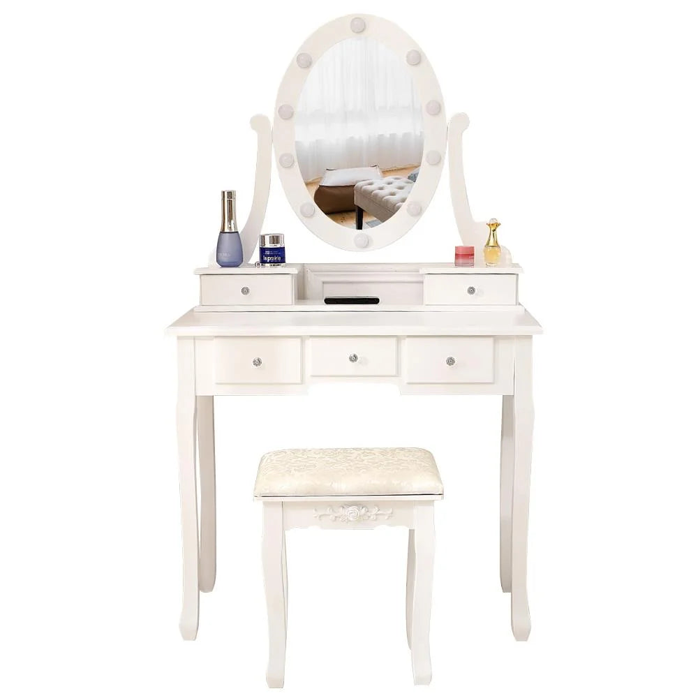 White Vanity Table Set with 5 Drawers and Cushioned Stool Z26186
