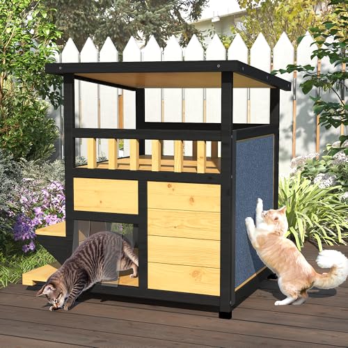 Outdoor Cat House Weatherproof Two Story Feral Cat Shelter with Escape Door Wood Dog Condo for Small Medium Pets Pull-Out Bottom Scratching Mat Included Black and Earthy Yellow Z984