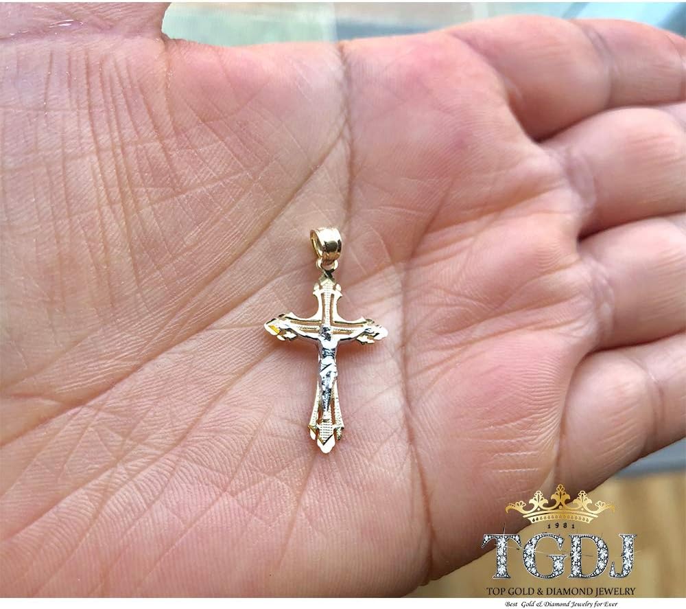 14K Real Gold Two Tone Linear Jesus Cross Pendant 25x16 MM Crucifix Charm Necklace Pendant G9831