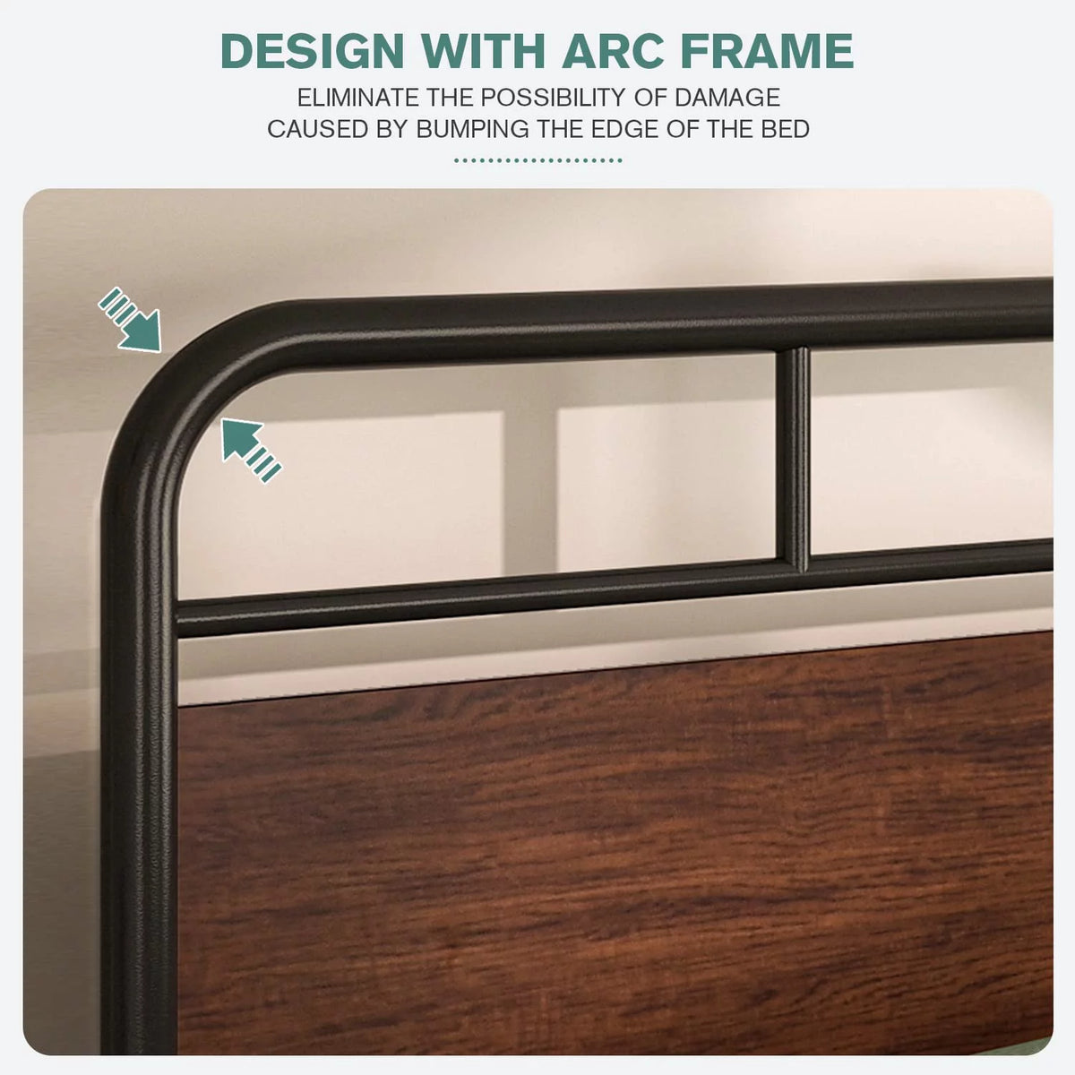 Walnut Queen Size Metal Platform Bed Frame with Wooden Headboard M7338