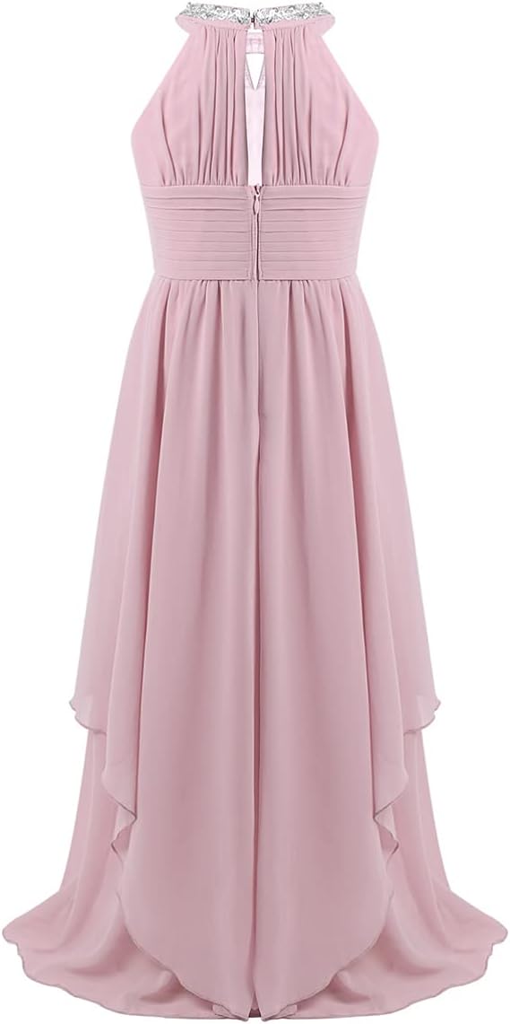Big Girls Halter-Neck Floral Lace Romper Dress Long Gowns Light Pink B639