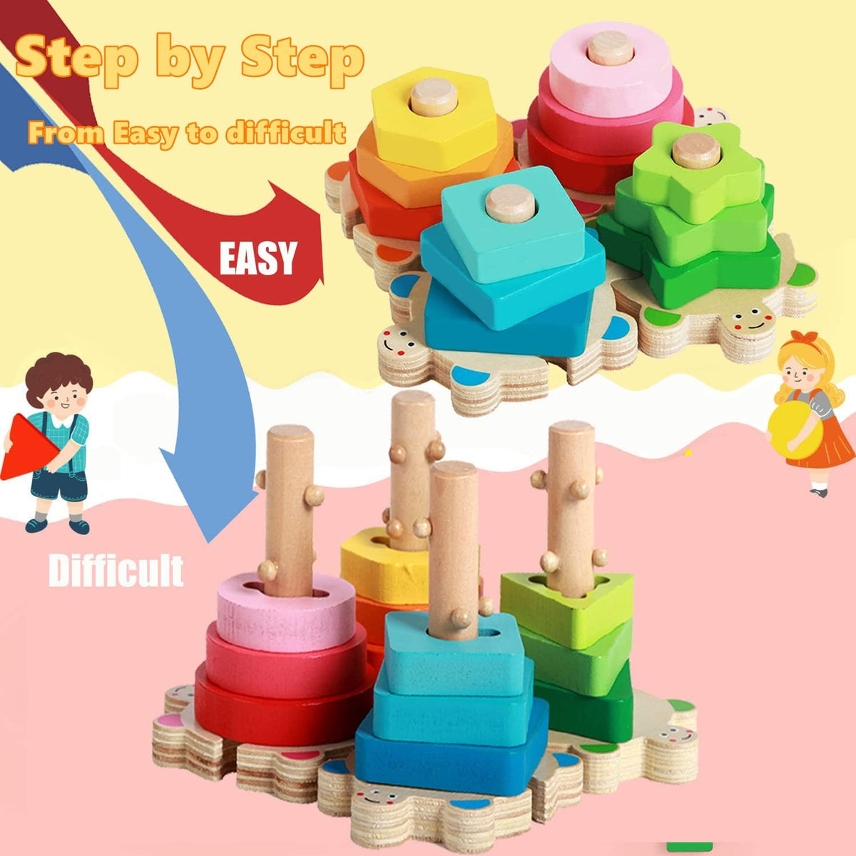 Wooden Shape Sorter and Stacking Toys, 8PCS Toddler Montessori Geometric Block Puzzle P853222