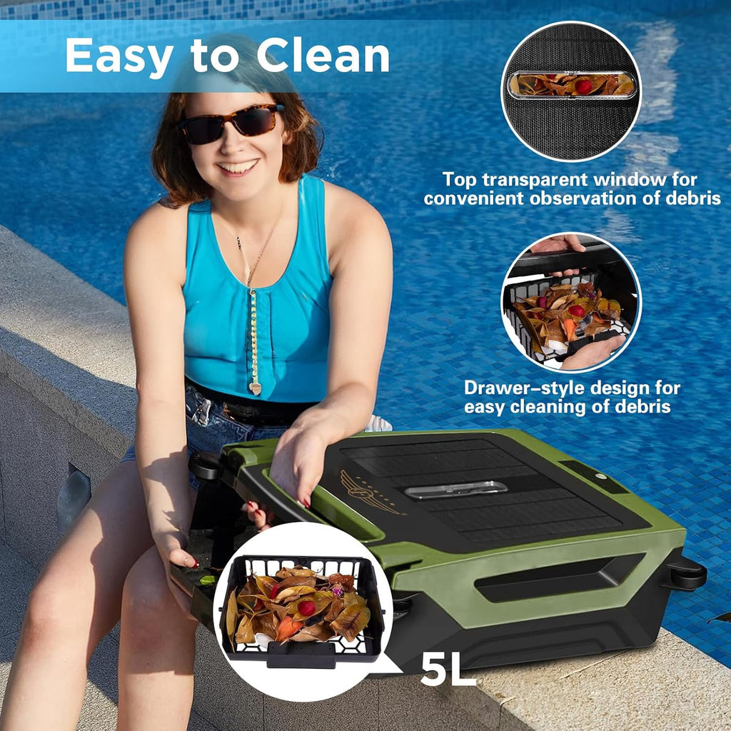 Cordless Robotic Pool Cleaner, Solar Powered Pool Skimmer with Dual Charging Options, Pool Robot Vacuum with Automatic Obstacle Avoidance, Green P66001