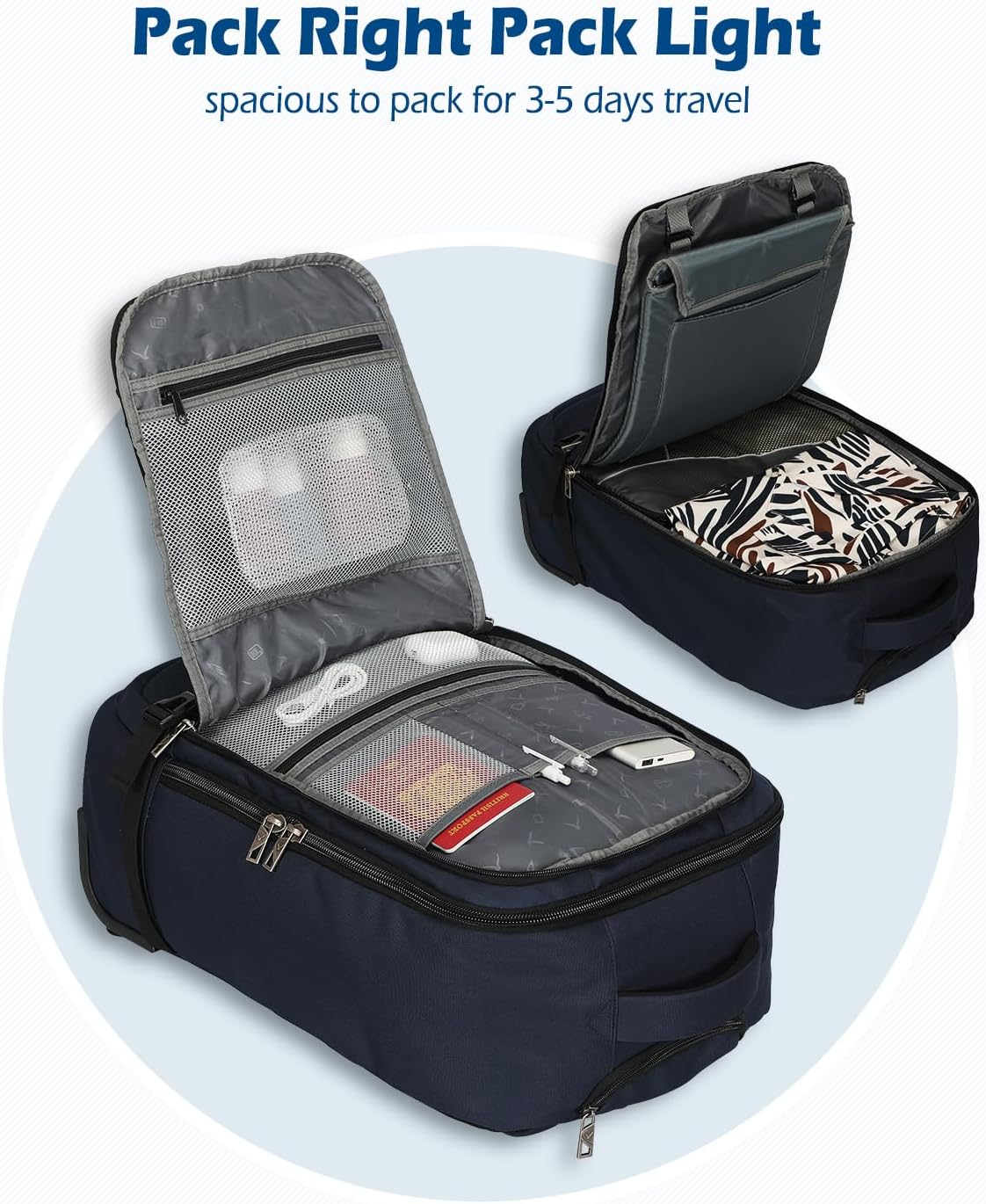 42L Rolling Backpack Navy Blue with Grey B3052
