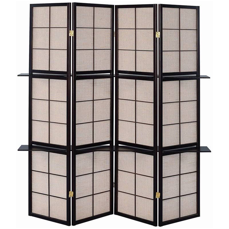 4 Panel 4 Shelf Room Divider in Tan and Cappuccino N7124