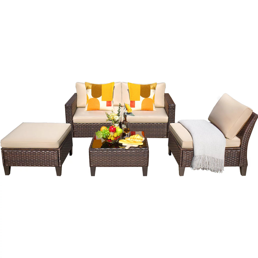 5 Pieces Wicker Rattan Outdoor Sofa Set with Ottoman B2178