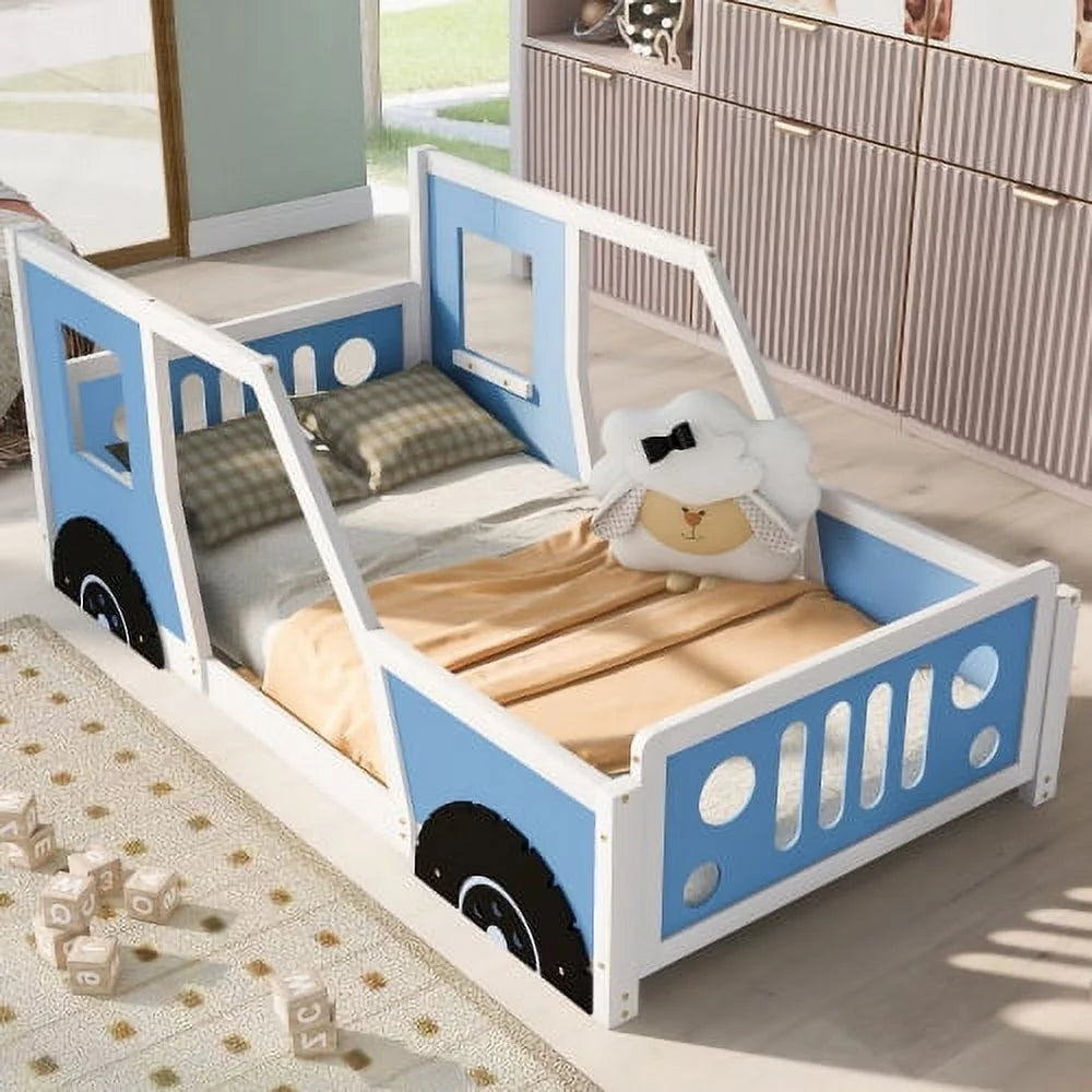 Twin Size Car-Shaped Platform Bed with Wheels Blue I520