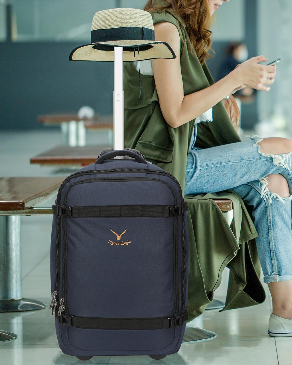 42L Rolling Backpack Navy Blue with Grey B3052