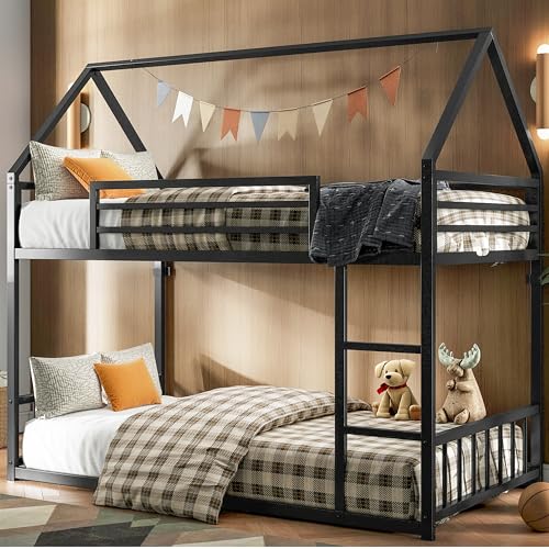 Twin Over Twin Bunk Bed with Ladder and Guardrail Black U403447