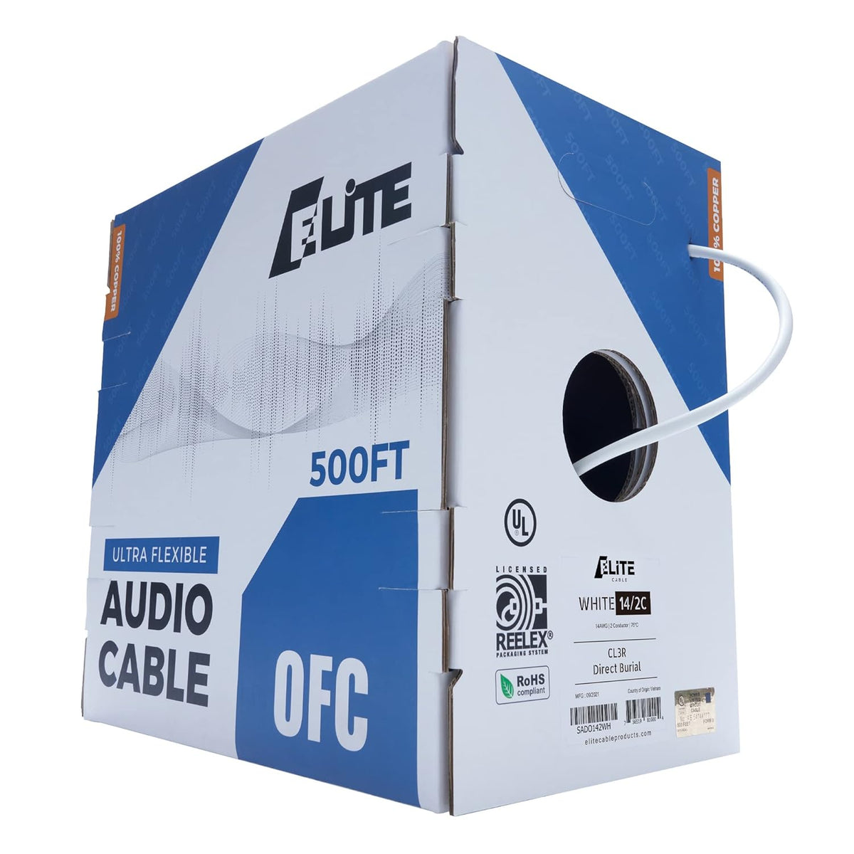 14AWG 4-Conductor 100ft White Oxygen Free Pure Bare Copper Speaker Wire Cable R2509
