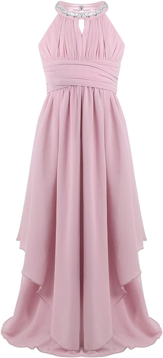 Big Girls Halter-Neck Floral Lace Romper Dress Long Gowns Light Pink B639