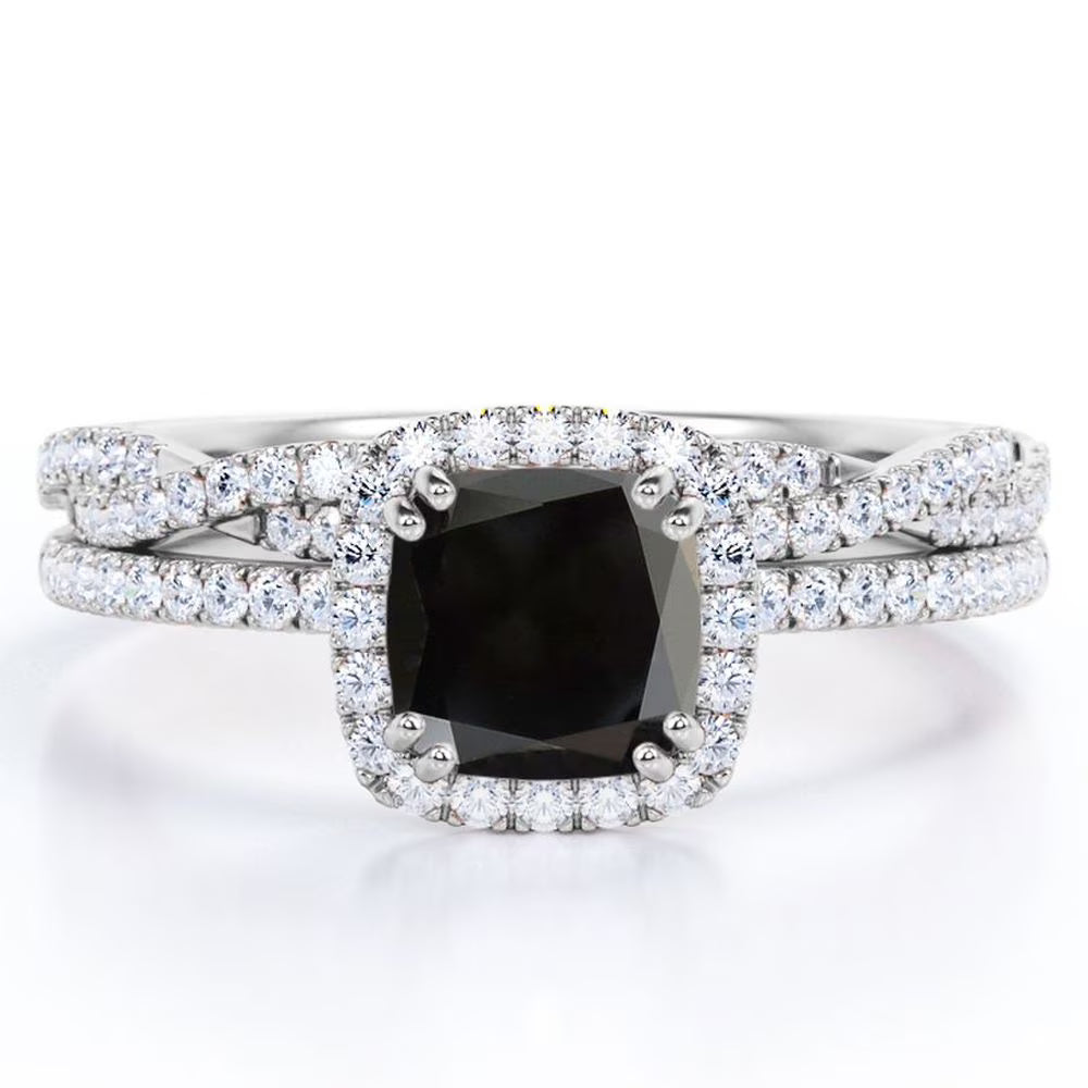 18K White Gold Plating over Silver Cushion Cut Black Diamond and Moissanite Wedding Ring Set P159608