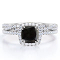 18K White Gold Plating over Silver Cushion Cut Black Diamond and Moissanite Wedding Ring Set P159608