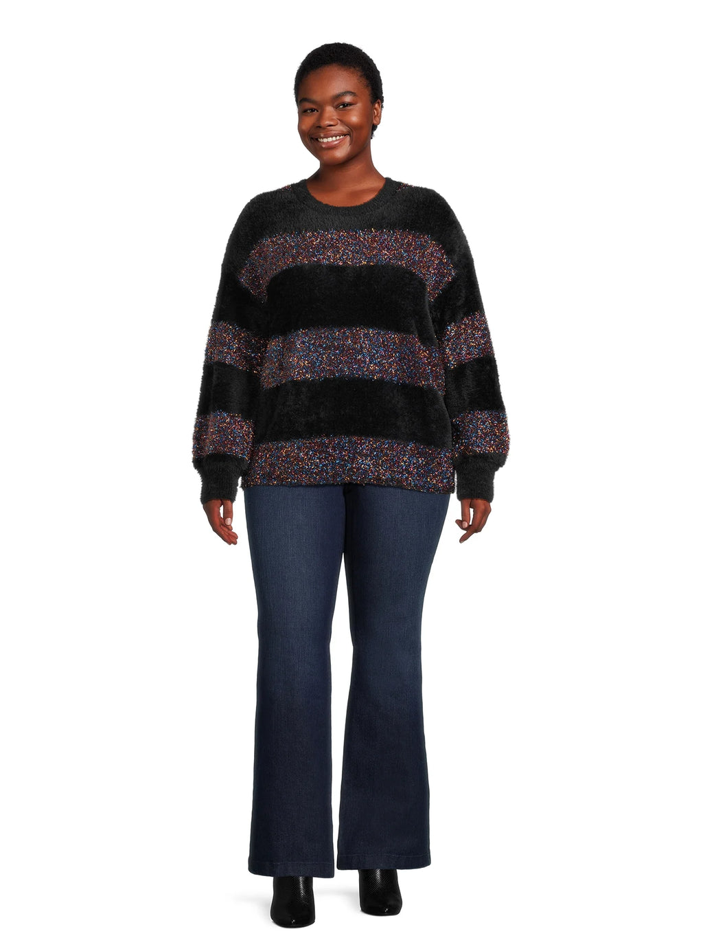 Metallic Stripe Pullover Sweater with Long Sleeves D8114