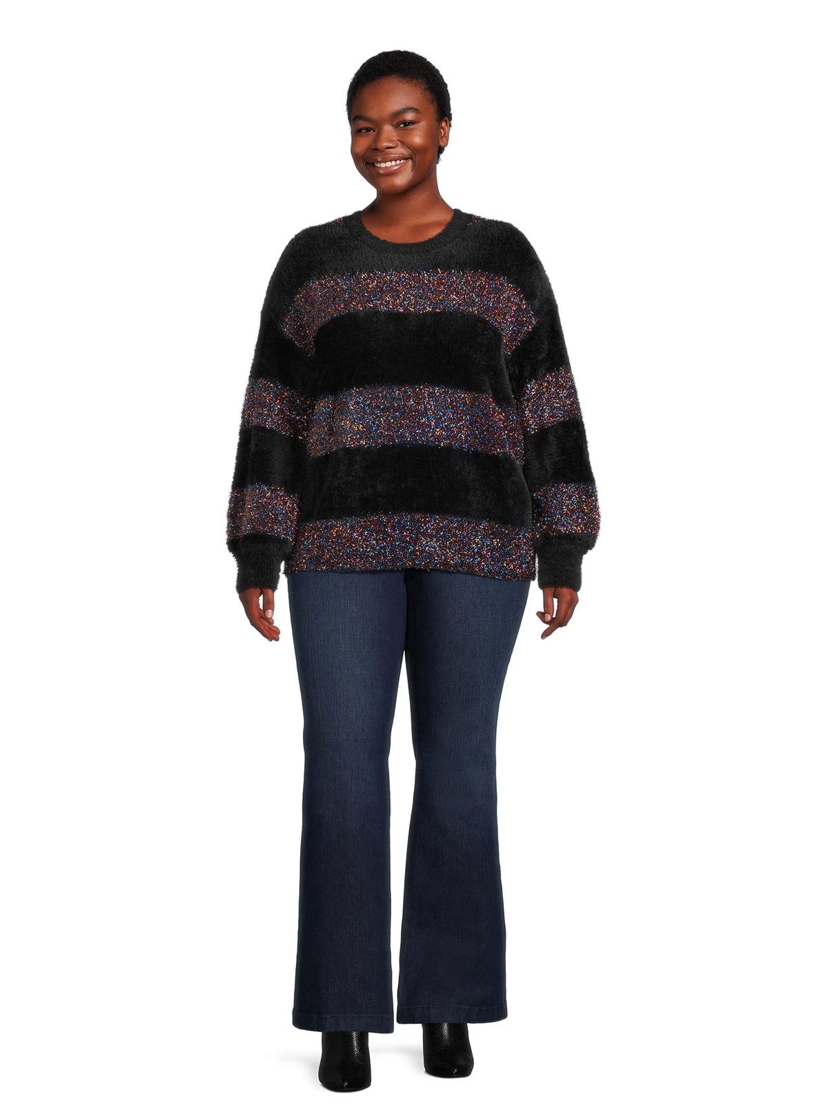 Metallic Stripe Pullover Sweater with Long Sleeves D8114