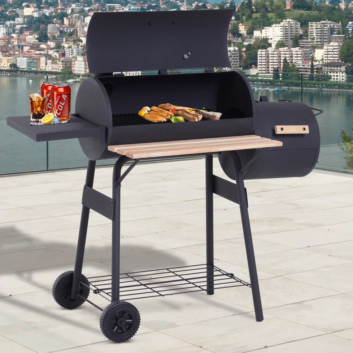 Portable Charcoal BBQ Grill and Offset Smoker Combo with Wheels Y504036