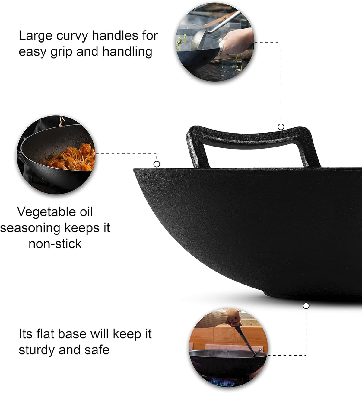 Pre-Seasoned Cast Iron Wok Pan with Lid and Handles, 14 Inch Flat Base Non-Stick, Pack of 2 Z195