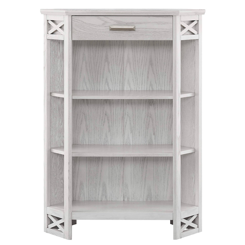 Weathered White 3-Shelf Corner Bookcase with Drawer Storage T239756