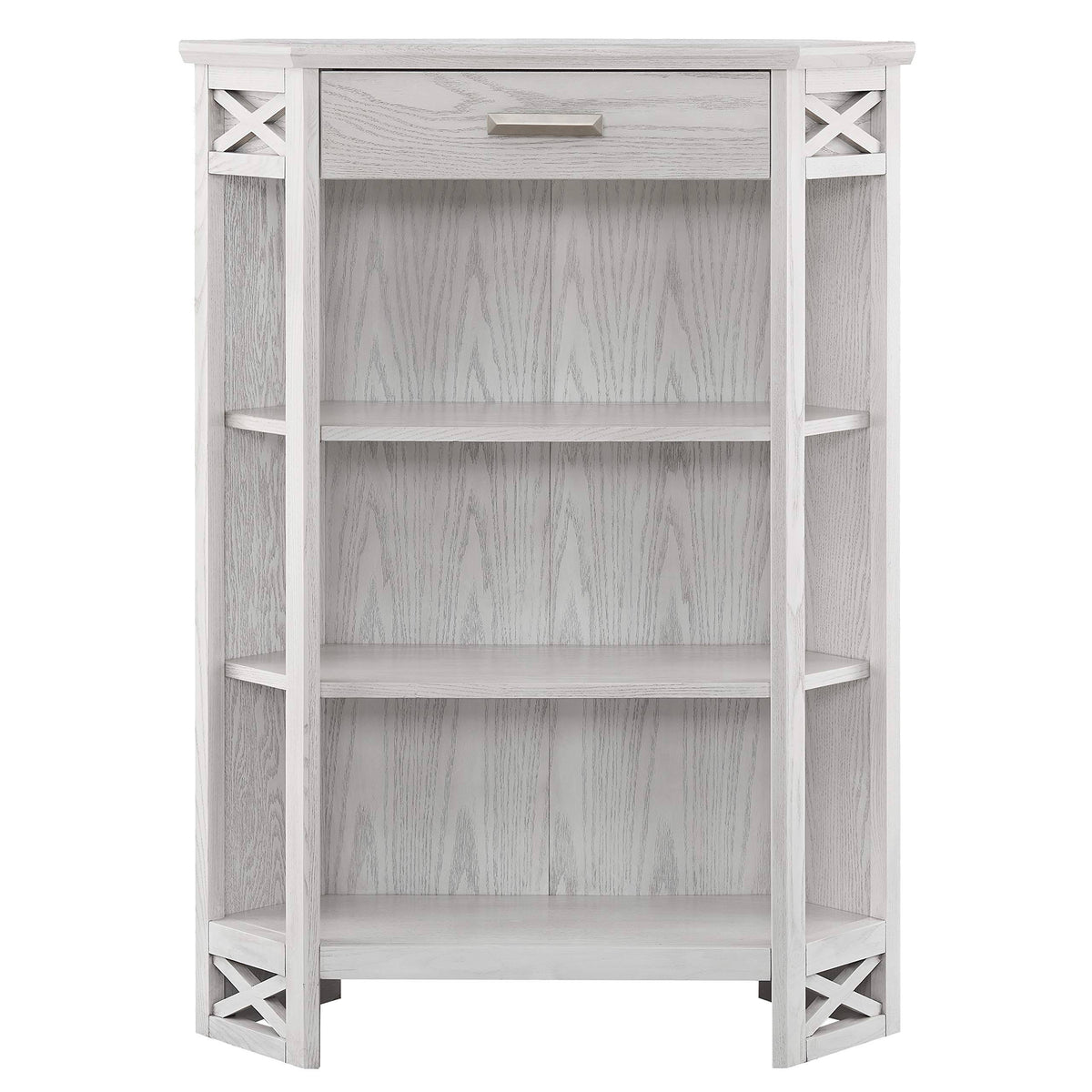 Weathered White 3-Shelf Corner Bookcase with Drawer Storage T239756