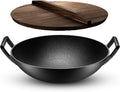 Pre-Seasoned Cast Iron Wok Pan with Lid and Handles, 14 Inch Flat Base Non-Stick, Pack of 2 Z195