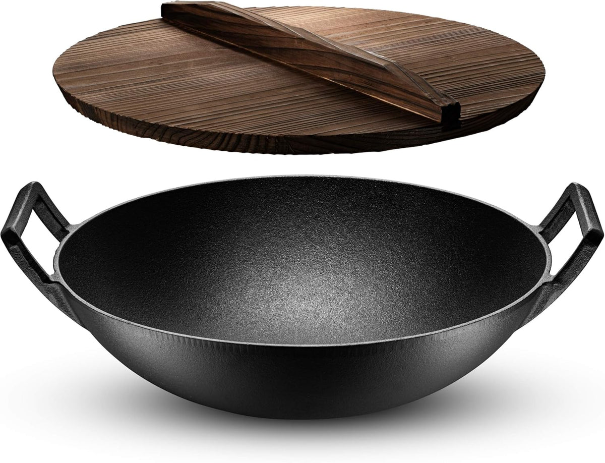 Pre-Seasoned Cast Iron Wok Pan with Lid and Handles, 14 Inch Flat Base Non-Stick, Pack of 2 Z195