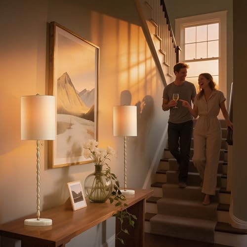 Buffet Lamps Set of 2, 28.5" Tall Brass Finish Linen Shade N8910