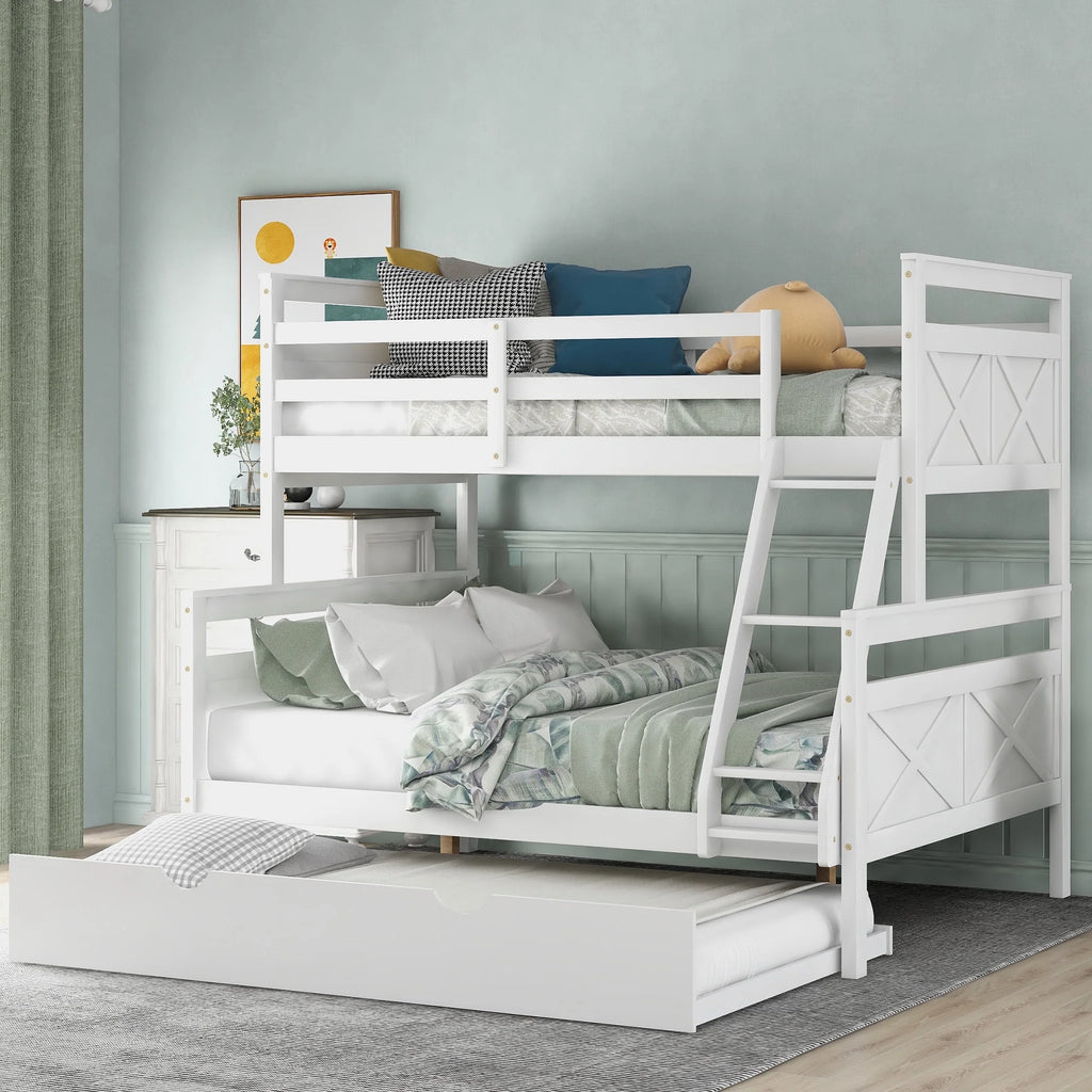 White Wood Twin over Full Bunk Bed with Trundle O546