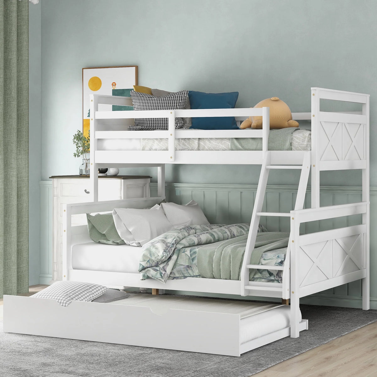 White Wood Twin over Full Bunk Bed with Trundle O546