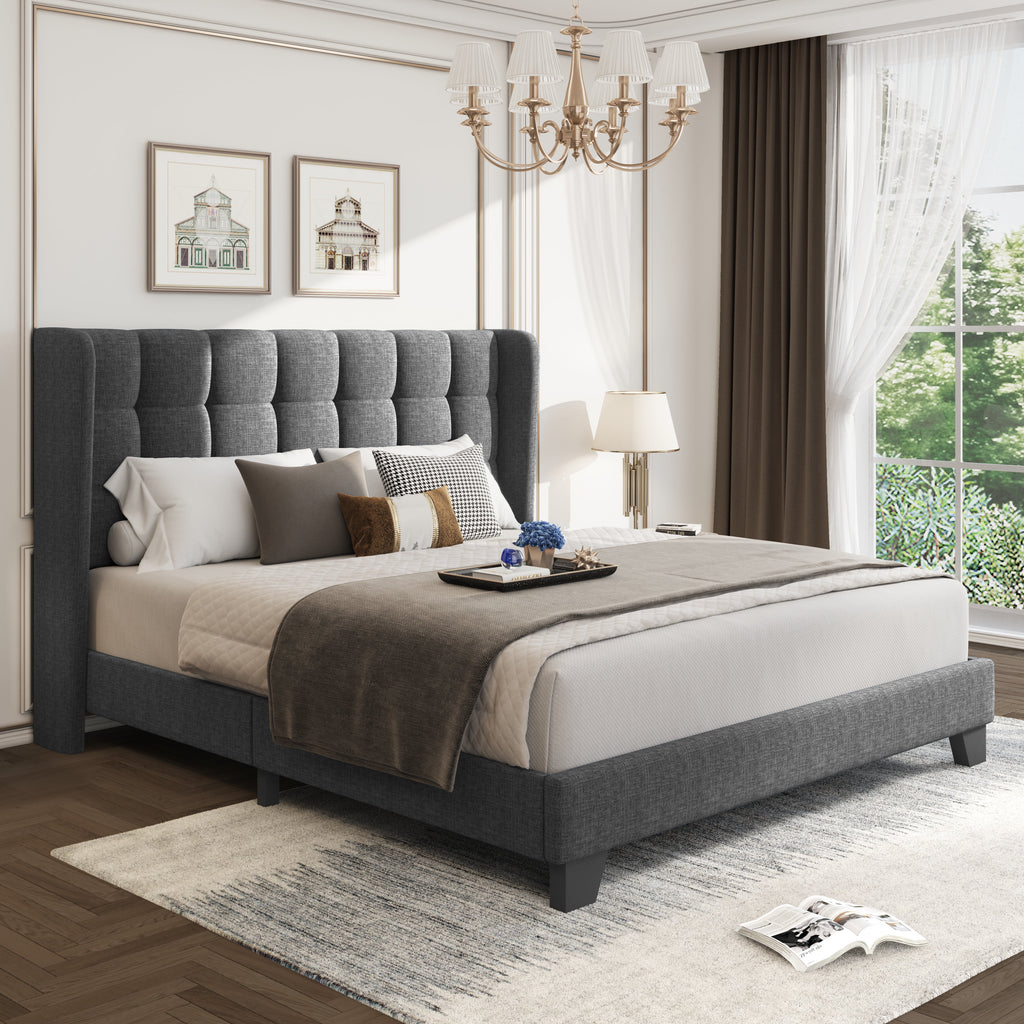 Grey Queen Size Platform Bed Frame with Tufted Headboard G376