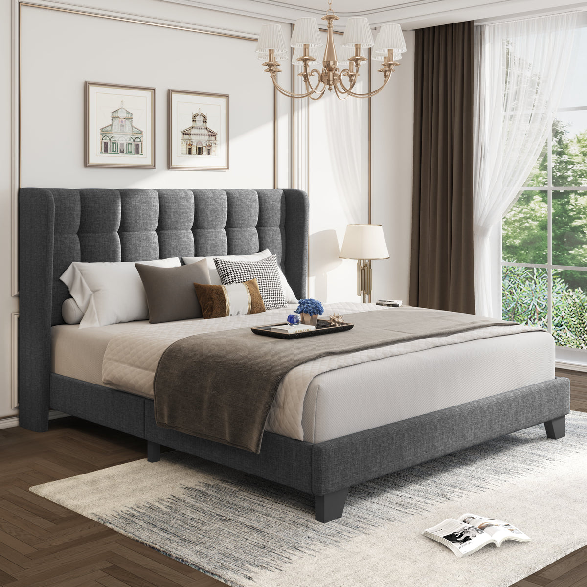 Grey Queen Size Platform Bed Frame with Tufted Headboard G376