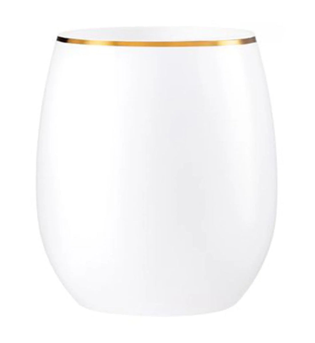 Stemless Plastic Wine Goblet 12 oz White Gold Rim Pack of 6 Z5554