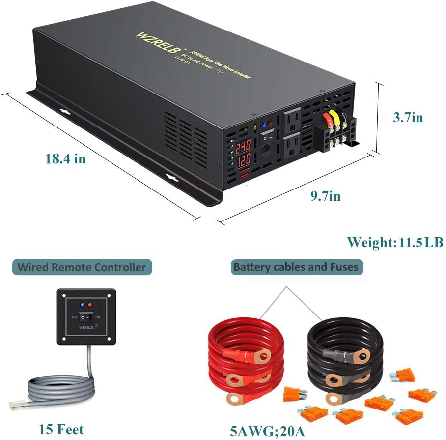 Pure Sine Wave 3500W 24V DC to 110V 120V AC Power Inverter with Dual US Outlets O64730