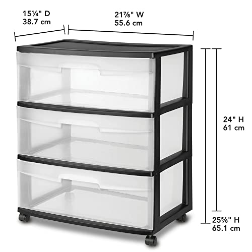 Plastic Storage Drawer Cart with 3 Large Clear Drawers and Wheels, Black U32432