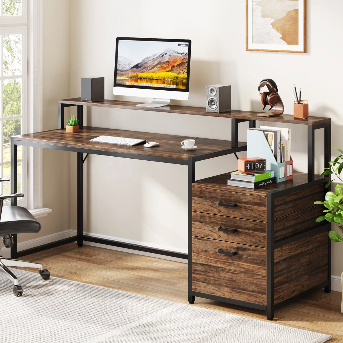 63 Inch Computer Desk with Monitor Stand and Drawers File Cabinet P840790
