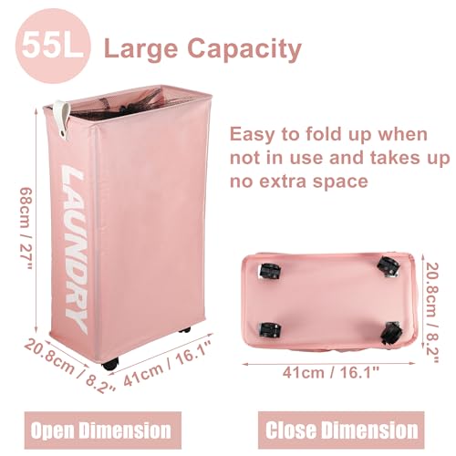 Green 55L Slim Rolling Laundry Basket with Wheels R484977