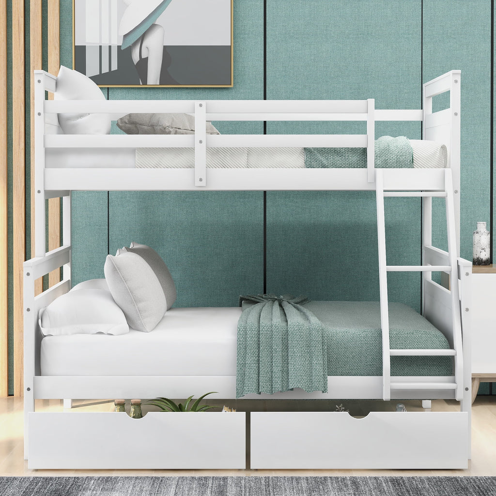 White Wood Twin over Full Bunk Bed with Trundle O546