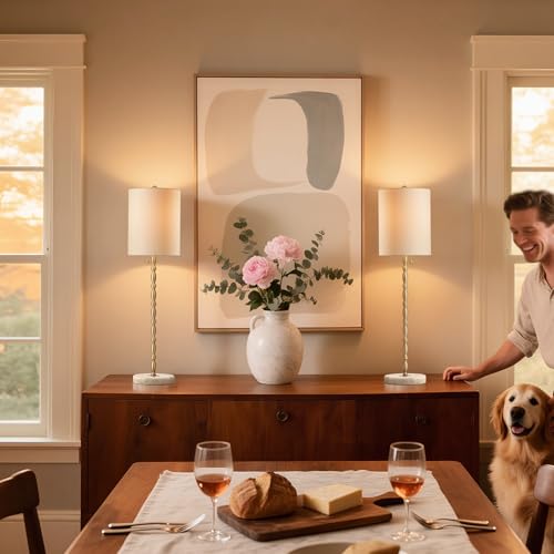 Buffet Lamps Set of 2, 28.5" Tall Brass Finish Linen Shade N8910