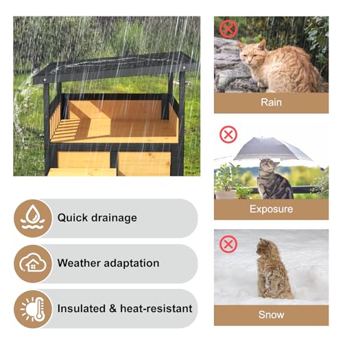 Outdoor Cat House Weatherproof Two Story Feral Cat Shelter with Escape Door Wood Dog Condo for Small Medium Pets Pull-Out Bottom Scratching Mat Included Black and Earthy Yellow Z984